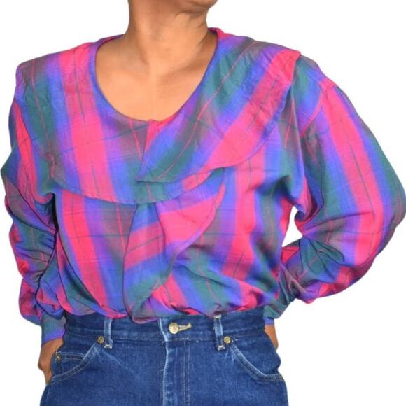 Ruffle Collar Blouse Vintage Pink Purple Plaid 90s Button Front Top Size Medium - Picture 12 of 12